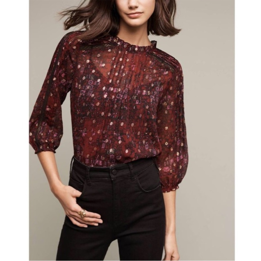 Anthropologie Burgundy Floral Blouse